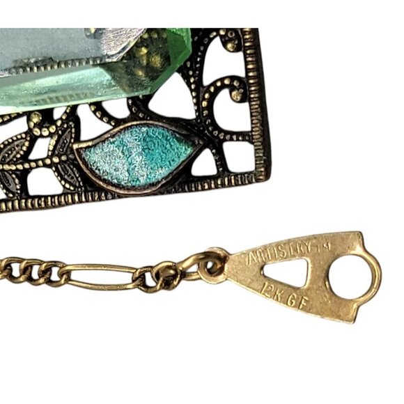 Artistry Green Glass Filigree Framed Pendant Necklace Enamel & Faux Pearl Accent - Picture 3 of 16